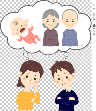 子どもの育児と高齢者の両親の介護に悩む夫婦 127219186