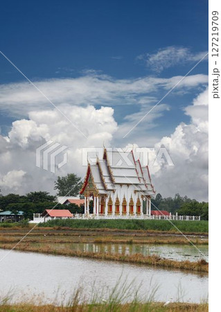Serene Temple Amidst Lush Greenery and white clouds. 127219709