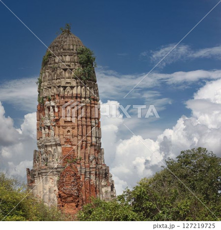 Ancient Temple Tower Surrounded by Lush Greenery,Ancient city of Ayutthaya, the former capital of Thailand. Ancient Temple Tower Surrounded by Lush Greenery,Ancient city of Ayutthaya, the former capital of Thailand. 127219725