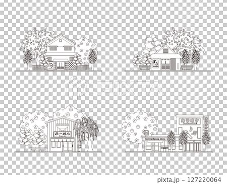 Illustration of Japanese townscape. Spring in Japan. Coloring book. 127220064
