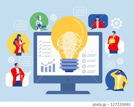 Online Meeting via Laptop,A group of diverse people discussing an idea on a laptop monitor via video link. Online Business Concept vector 127220092