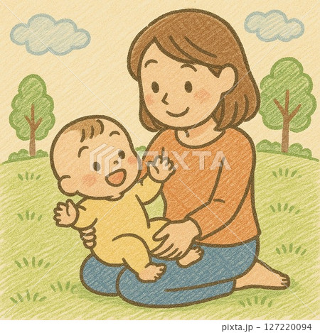 公園で赤ちゃんを抱く若いお母さん 127220094