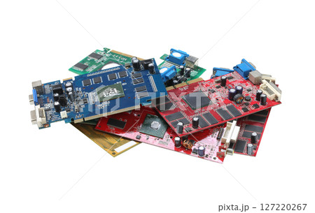 Abstract Composition of Colorful Circuit Boards isolated on white background and have clipping paths. 127220267