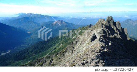 Kamikochi in summer 奥穂高岳の山頂から見下ろす盛夏の上高地エリアのパノラマビュー 127220427
