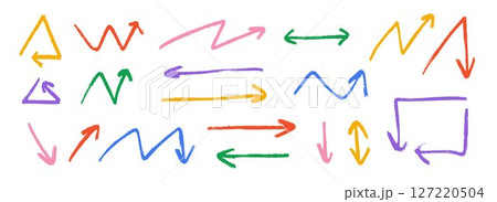 Hand drawn crayon arrow collection. Colorful zig zag and straight doodle arrows set. Charcoal sketch angled pointers and direction lines. Vector pastel pencil, chalk or marker brush stroke elements 127220504