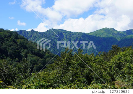 飯豊連峰の牛ヶ岩山付近からの種蒔山と三国岳 127220623