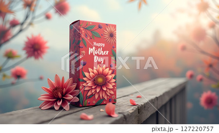 Elegant mother's day gift box adorned with floral designs in a tranquil setting Elegant mother's day gift box adorned with floral designs in a tranquil setting 127220757