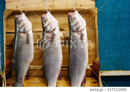 A Beautiful Display of Fresh Fish on a Wellcrafted Wooden Rack A Beautiful Display of Fresh Fish on a Wellcrafted Wooden Rack 127221095