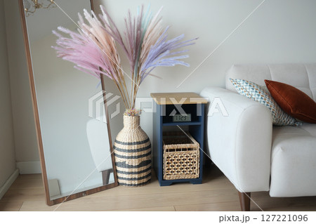 Stylish Living Room Decor with Pampas Grass and Modern Furniture Stylish Living Room Decor with Pampas Grass and Modern Furniture 127221096