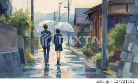 雨の通学路を歩く男子生徒と女子生徒_2 127221152