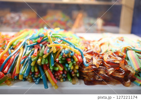Mixed colorful jelly, gummy candies display for sales Mixed colorful jelly, gummy candies display for sales 127221174