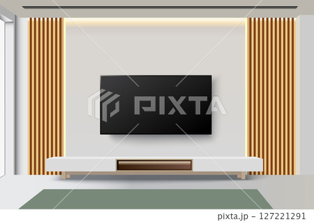 Living room with wall mounted TV and modern cabinet Living room with wall mounted TV and modern cabinet 127221291