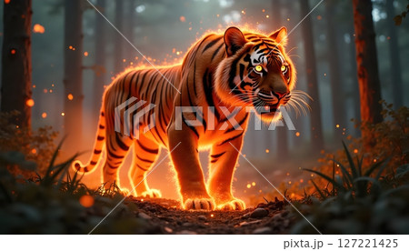 A ferocious roaring tiger surrounded by fire and smoke 127221425