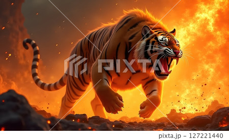 A ferocious roaring tiger surrounded by fire and smoke 127221440