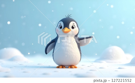A cute baby penguin standing in a snowy landscape A cute baby penguin standing in a snowy landscape 127221552