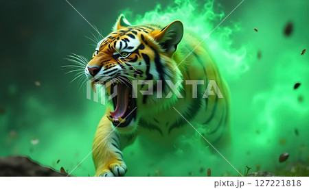 "Fantasy style tiger with emerald flames, open mouth 127221818