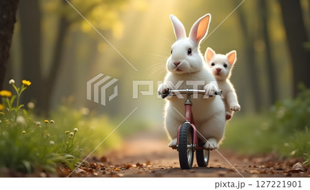 A white rabbit is cycling in the forest with a small puppy 127221901