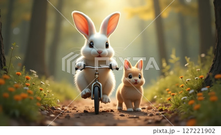 A white rabbit is cycling in the forest with a small puppy 127221902