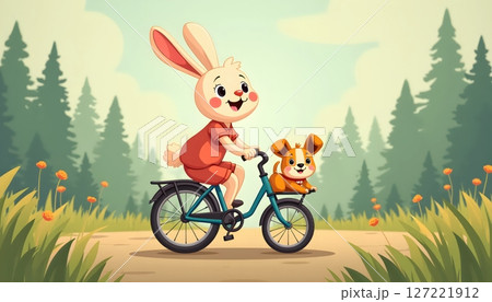 A white rabbit is cycling in the forest with a small puppy 127221912