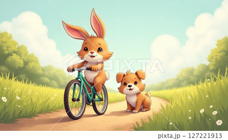 Bunny cycling in the forest with a fluffy puppy 127221913