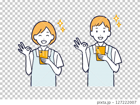 スマホを持ってOKサインをするエプロンを着た男女のイラスト 127222007