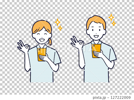 スマホを持ってOKサインをするポロシャツを着た男女のイラスト 127222009