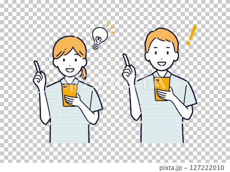 Illustration of a man and woman wearing polo shirts giving directions with a smartphone Illustration of a man and woman wearing polo shirts giving directions with a smartphone 127222010