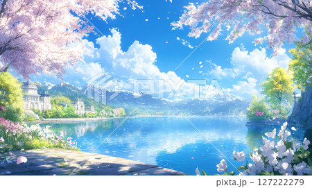 湖に映る空と桜と宮殿の幻想的な春背景 127222279