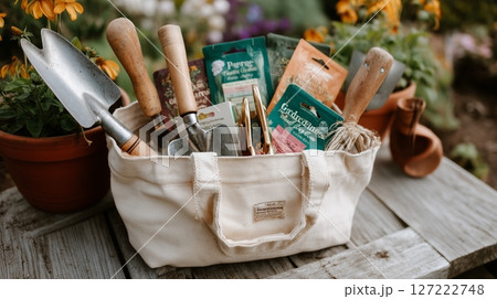 Gardening tools and seeds arranged in a canvas bag on a wooden table in a blooming garden Gardening tools and seeds arranged in a canvas bag on a wooden table in a blooming garden 127222748