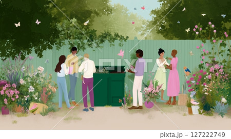 Community members gather to share gardening tips and plant cuttings in a vibrant urban garden 127222749