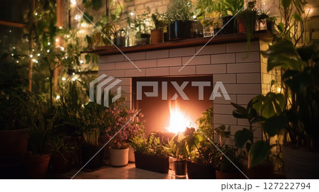Cozy indoor garden with warm fireplace surrounded by lush plants and soft lighting at night 127222794