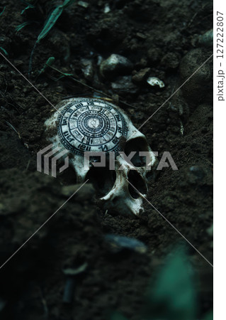 White skull with ancient calendar pattern partially buried dark soil, mysterious and eerie mood White skull with ancient calendar pattern partially buried dark soil, mysterious and eerie mood 127222807