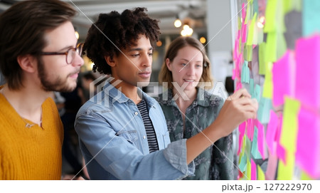 Collaboration among young professionals in a modern office during a brainstorming session with colorful sticky notes 127222970