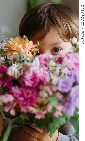 Child holds colorful bouquet of flowers, showcasing joy and nature's beauty in a cozy indoor setting 127223132