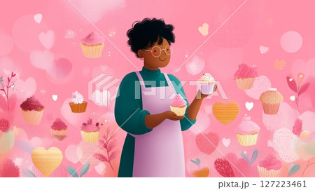 Creative baker displays colorful cupcakes in a whimsical bakery setting filled with vibrant decorations 127223461