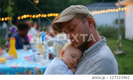 Family gathering at dusk with a father cradling his sleeping baby in a cozy outdoor setting 127223462