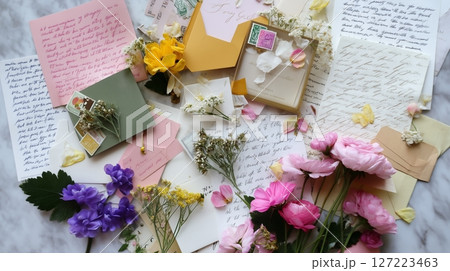 Colorful arrangement of floral notes and stationery at a creative workspace filled with dried flowers and vintage letters 127223463