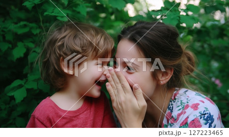 Joyful moment between a mother and her child in a lush garden during a sunny afternoon 127223465