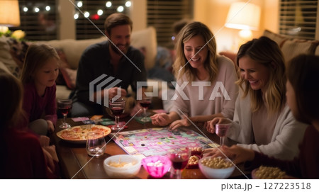 Friends enjoying game night with snacks and drinks in a cozy living room during the evening hours 127223518