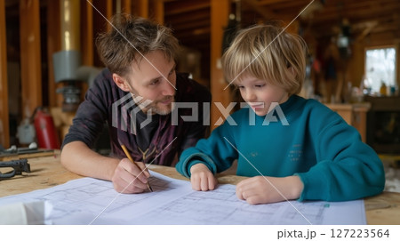 Father and son collaborating on woodworking plans in a cozy workshop during a sunny afternoon 127223564