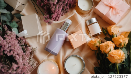 Arrangement of beauty products and flowers on a soft fabric background in a cozy interior setting 127223577