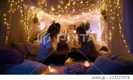 Cozy family gathering under fairy lights in a warm, inviting indoor fort during evening hours 127223578