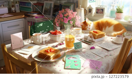 Cozy breakfast scene with toast, fruit, drinks, and a sleeping cat on a sunlit kitchen table 127223579