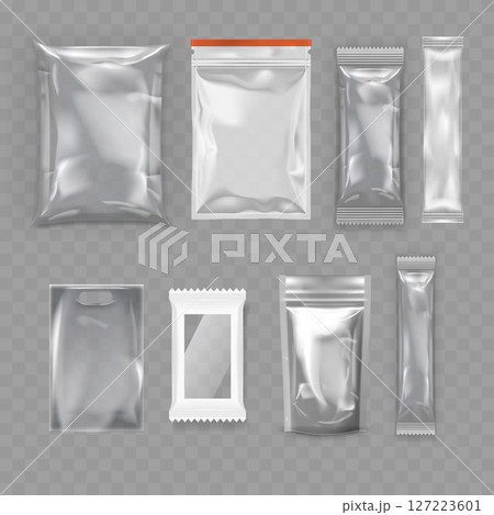 Transparent Plastic Packaging Bag Collection - Food Pouch Mockup. Vector 127223601