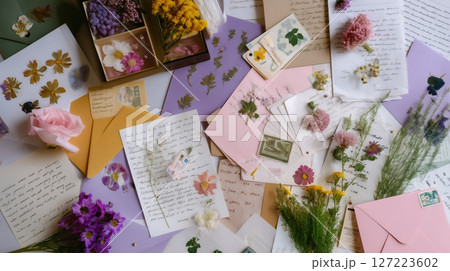 Colorful dried flowers and letters create a nostalgic atmosphere on a table in a cozy workspace 127223602