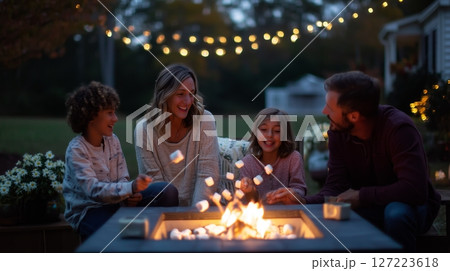 Family enjoys a cozy evening by the fire pit while roasting marshmallows in a backyard garden with fairy lights in the background 127223618