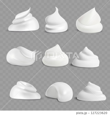 Realistic White Foam Dollops Set - Cream Texture Bubbles. Vector Realistic White Foam Dollops Set - Cream Texture Bubbles. Vector 127223620