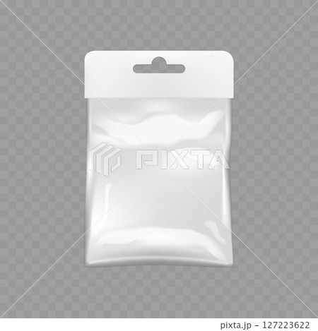 Transparent Plastic Packaging Bag Mockup - Retail Hang Tab. Vector 127223622