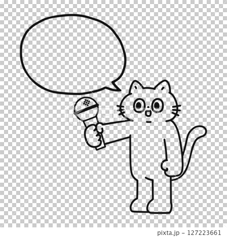 インタビューをするゆかいな猫と吹き出し 線画 インタビューをするゆかいな猫と吹き出し 線画 127223661