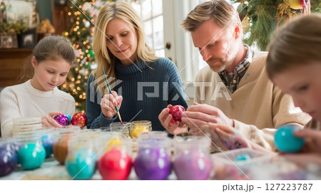 Family enjoys painting colorful Easter eggs together during spring holiday celebrations in a cozy, decorated home 127223787